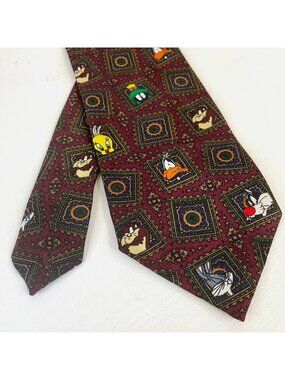 Looney Tunes Necktie BUGS TAZ MARVIN‎ DAFFY Burgundy Gold Vintage Cartoon